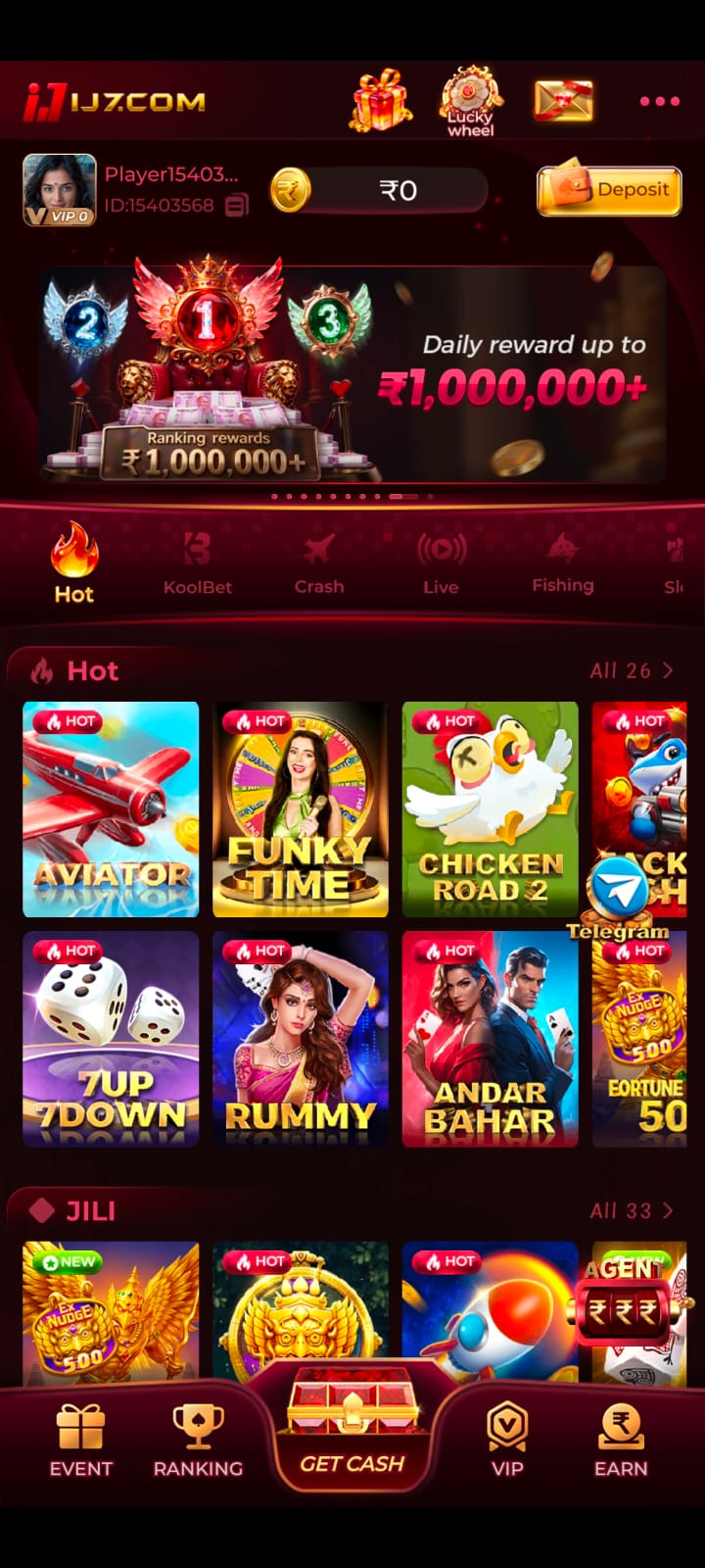 Home screen with popular games and daily rewards